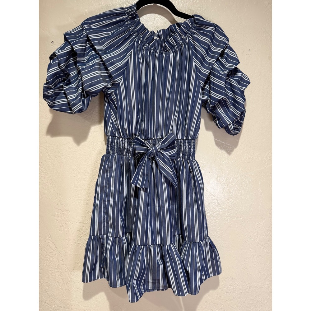 Habitual‎ Girls Navy White Striped Tiered Puff Sleeve Smocked Dress Size 16